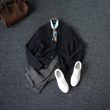 CssuGent冬季重磅菱格提花保暖毛衣外套男绅装高定帅气新贵老钱潮