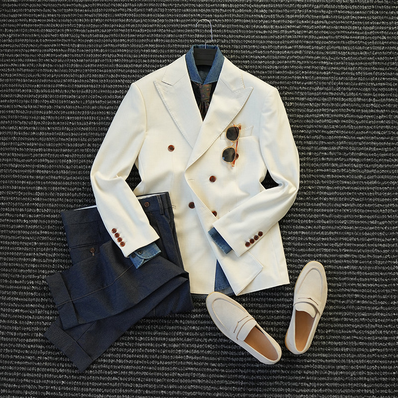 戗驳领双排扣西服男商务休闲西装