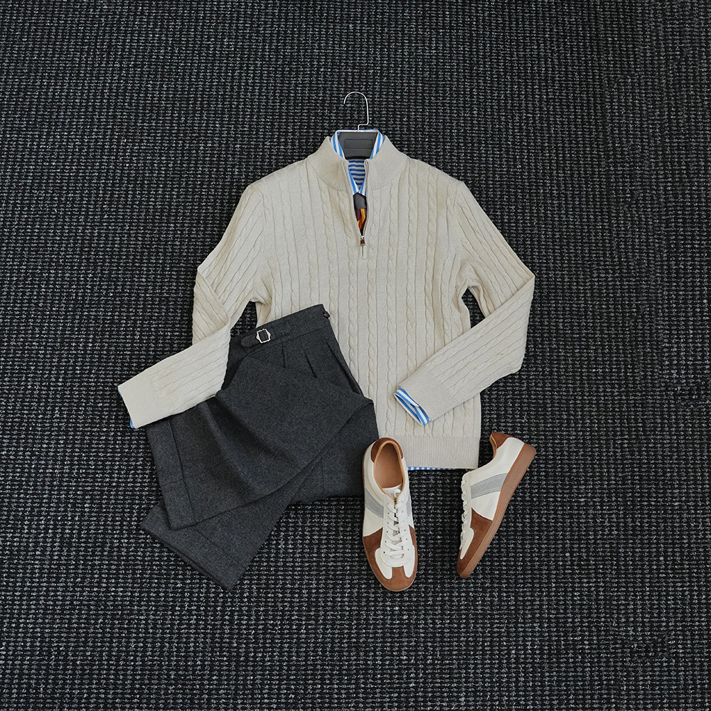 CssuGent秋冬季绵羊毛混纺半开麻花毛衣男休闲商务老钱风打底衫潮