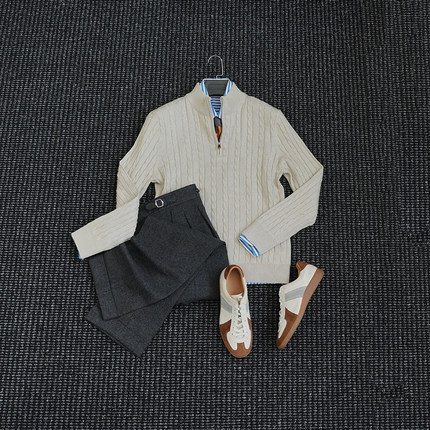 CssuGent秋冬季绵羊毛混纺半开麻花毛衣男休闲商务老钱风打底衫潮