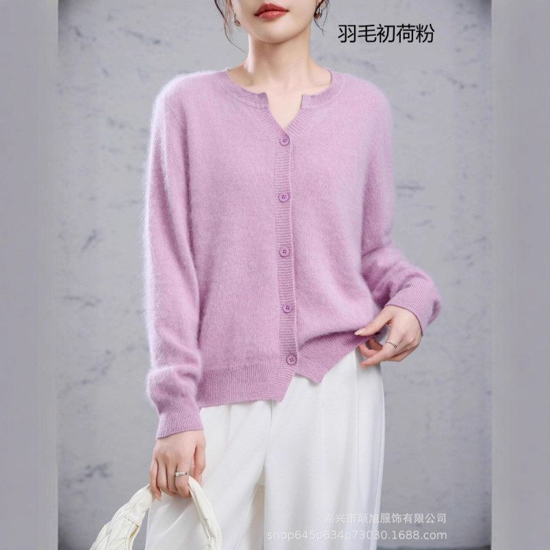 秋季新款羊毛羊绒开衫女V领宽松针织羊绒毛衣纯色时尚百搭外套女