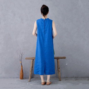 女复古显白夏 大码 宝蓝色亚麻衬肤连衣裙无袖 半高领品牌背心裙A版