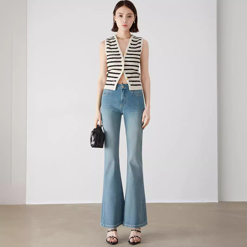 2025秋季四面弹喇叭裤！翡翠绿牛仔裤女新高腰显瘦微喇裤子