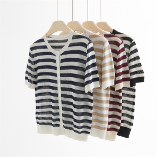 卷边小开衫 26夏季 针织衫 JIN口和纸纱圆领条纹短袖 女A65015 新品