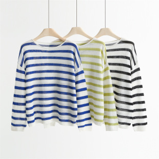 女圆领卷边宽条纹上衣FK6808 针织衫 26春夏新品 JIN口和纸纱长袖