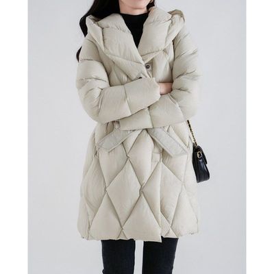 高端95白鹅绒羽绒服面包服女款菱格中长款鹅绒服平湖女装白色连帽