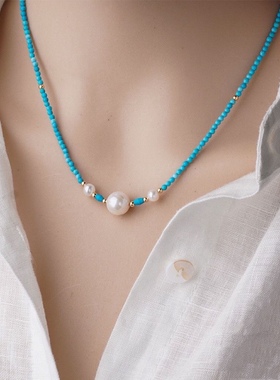 绿松石珠子女淡水珍珠天然锁骨链