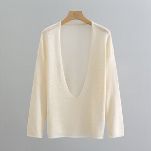 2026秋曼玉同款极简干爽日本和纸纱慵懒宽松大V领叠穿针织衫女