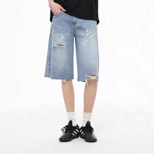 牛仔中裤 短裤 休闲风_2025夏季 宽松显瘦A字版 775 薄款 破洞五分裤
