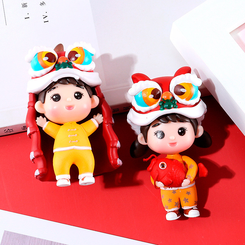 卡通diy人物pvc新年舞狮娃娃喜庆装饰奶油胶手机壳材料手工装饰