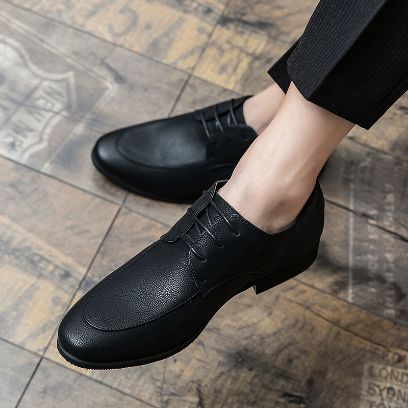 皮鞋男2024年夏季透气百搭休闲商务尖头小皮鞋青年内增高系带潮鞋