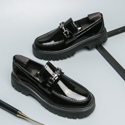 漆皮男士厚底休闲皮鞋英伦商务正装圆头男鞋潮流内增高透气乐福鞋