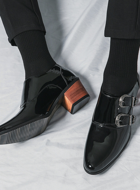 男士高跟鞋新款英伦尖头皮鞋复古高档鞋发型师美发夜店夜场孟克鞋