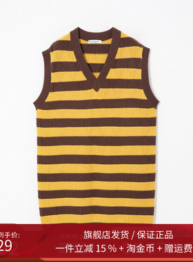 播冬季新款100%羊毛宽松背心V领彩色宽条纹连衣裙BDP9LD9829