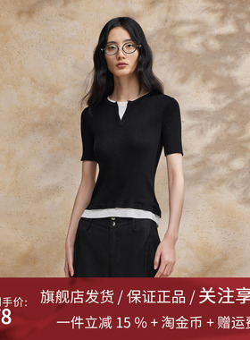 播假两件针织t恤女商场同款夏季气质修身法式短袖上衣BDR2SD1609