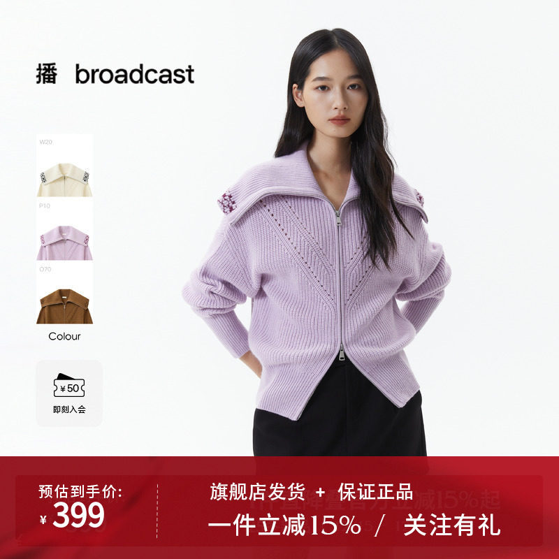 播紫色镂空设计羊毛拉链针织开衫女2025冬新款软糯上衣DDS4UD5141