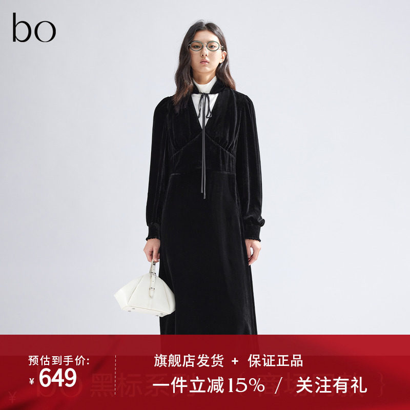播黑标系列丝绒复古镂空V领连衣裙女商场同款长裙BDR1LD2146