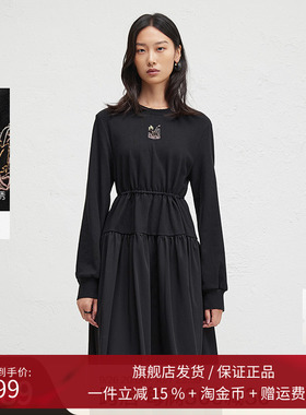 播2024冬季新款黑色刺绣连衣裙女收腰显瘦圆领长裙DDR4LD5102