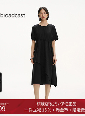 播圆领通勤风黑色短袖连衣裙女25夏季新款不规则长裙DDS2LD5015