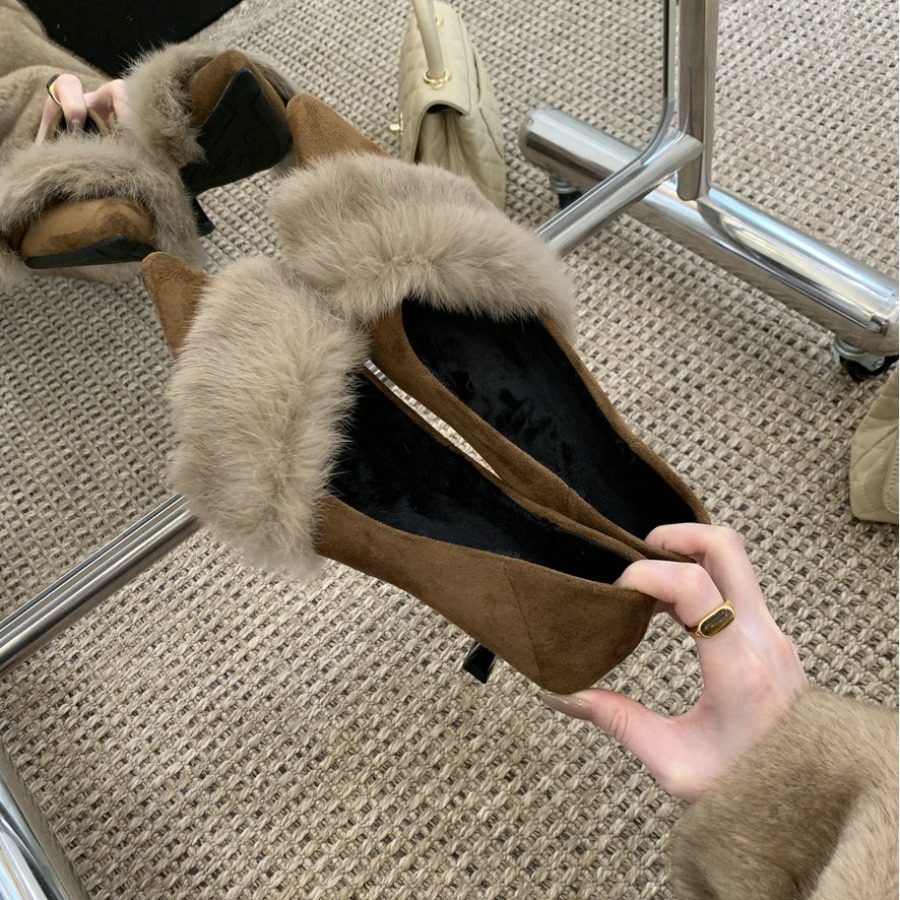 2025秋冬新款绒面毛毛鞋棕色尖头细跟高跟鞋性感气质兔毛单鞋女鞋,女鞋,浅口单鞋,淘宝优惠券,粉丝福利购,淘宝优惠卷