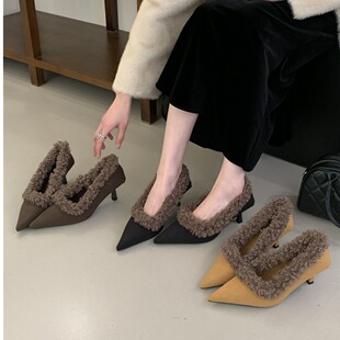 羊绒法式尖头细跟浅口单鞋2025新款加绒毛毛鞋冬季保暖通勤女鞋
