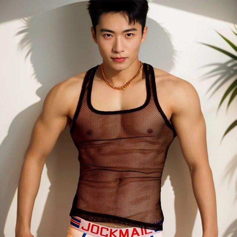 无袖透视背心镂空情趣潮男装网格网眼T恤摄影个性上衣服夜店渔网