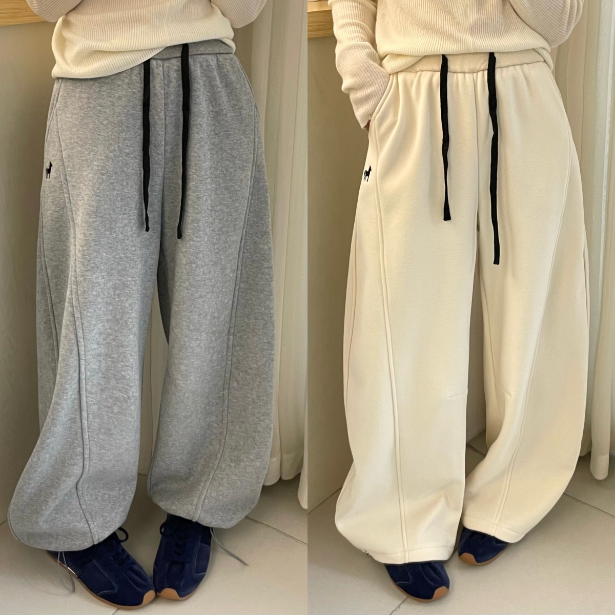 欧洲站2025冬季新款松紧腰撞色抽绳侧压线口袋刺绣加绒休闲裤长裤