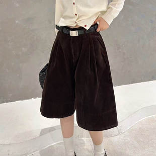 配腰带时髦中裤 高腰褶皱阔腿灯芯绒休闲五分裤 新款 欧洲站2025秋季