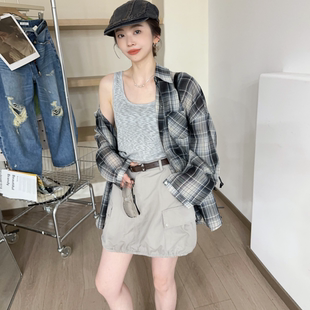 港风休闲POLO领格子防晒衬衫 欧洲站2025夏季 内搭背心两件套上衣女