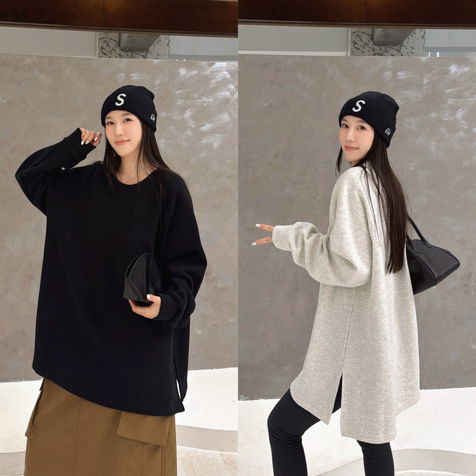 欧洲站2025秋冬圆领宽松慵懒中长款两边开叉极简风套头欧货卫衣潮