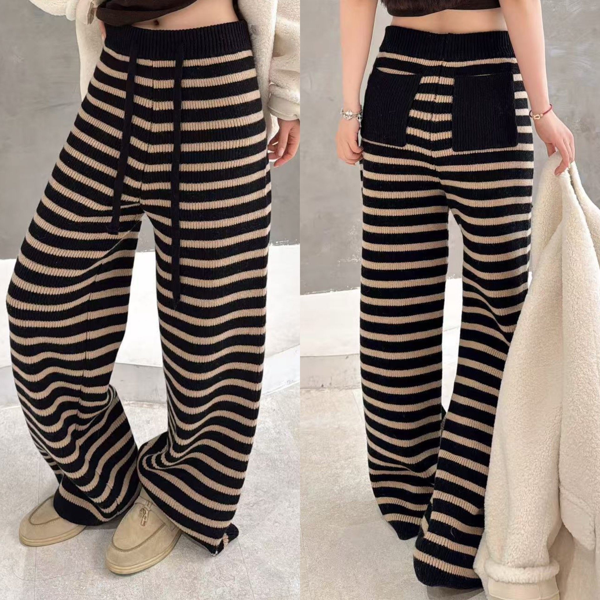 欧洲站2025冬季韩版时尚高腰抽绳直筒条纹拼色后口袋羊毛针织裤潮
