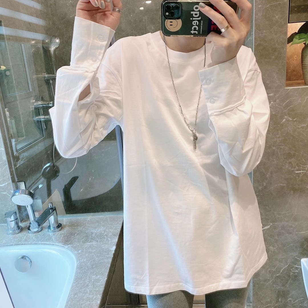 欧洲站2025秋冬简约袖口纽扣衬衫拼接宽松中长打底白色T恤衫 上衣