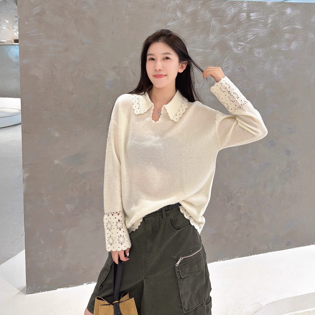 欧洲站2025秋季法式气质翻领袖口镂空拼接软糯羊毛针织衫温柔毛衣