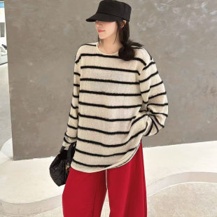 羊毛针织毛衣 条纹拼色宽松大版 欧洲站2025秋季 欧货圆领慵懒落肩袖