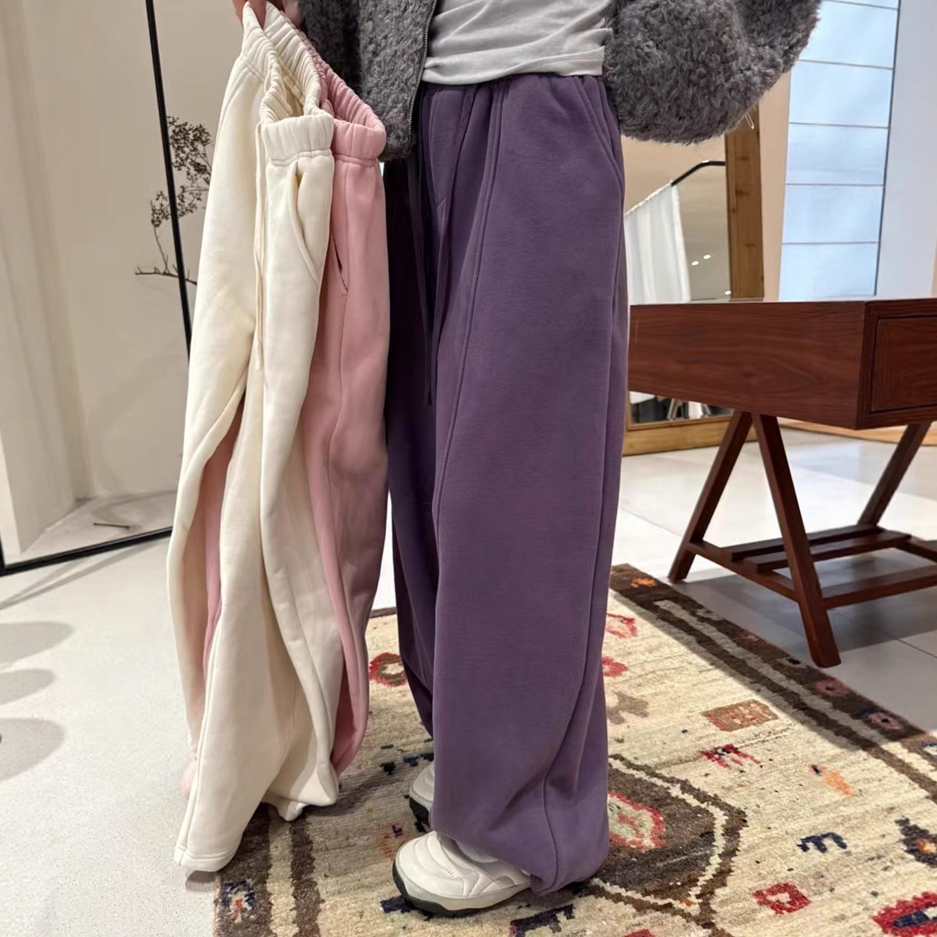 欧洲站2025冬季加厚松紧要哦抽绳糖果色前压线休闲裤韩系卫裤长裤