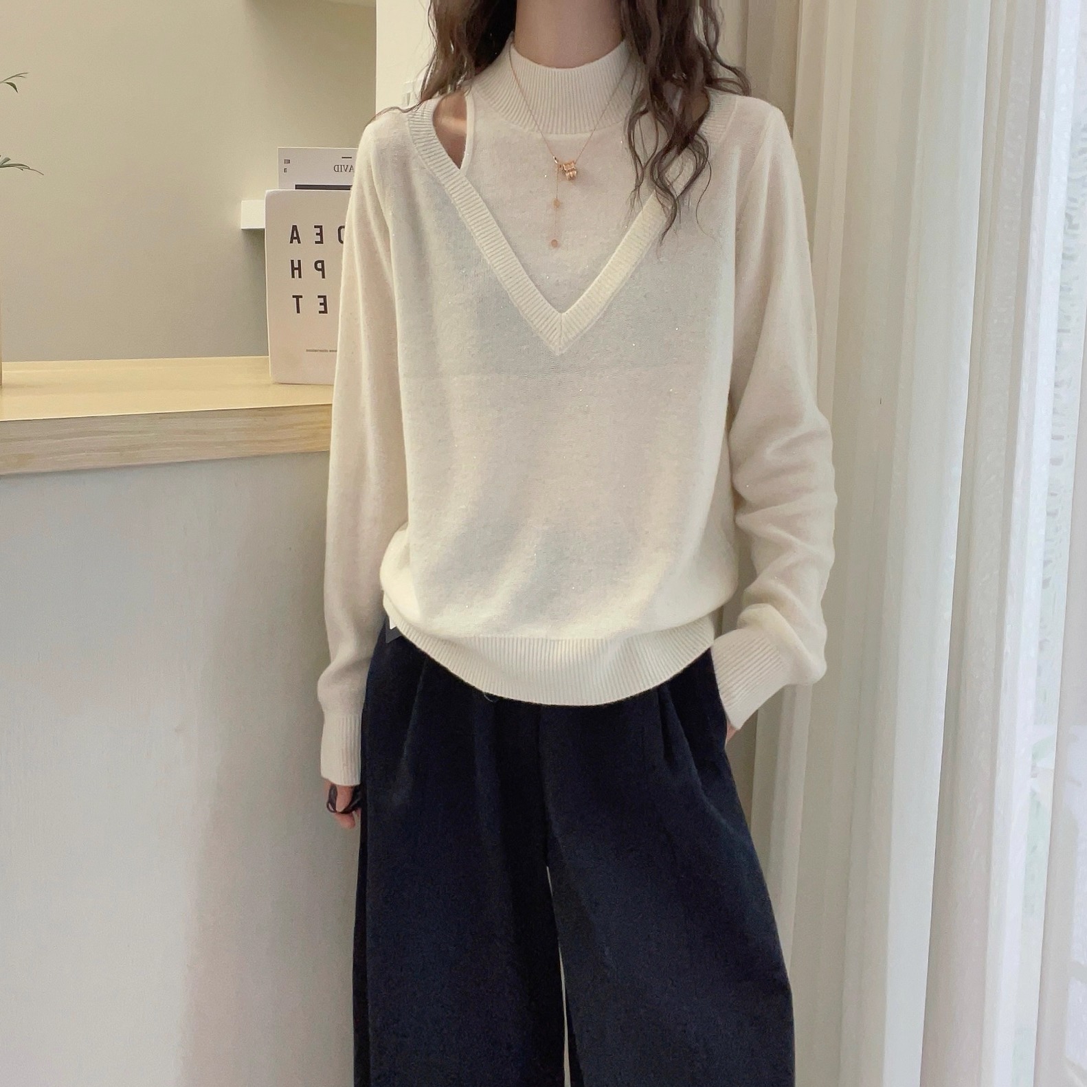 欧洲站2025秋冬新款气质立领镂空拼接假两件亮片山羊绒针织衫毛衣