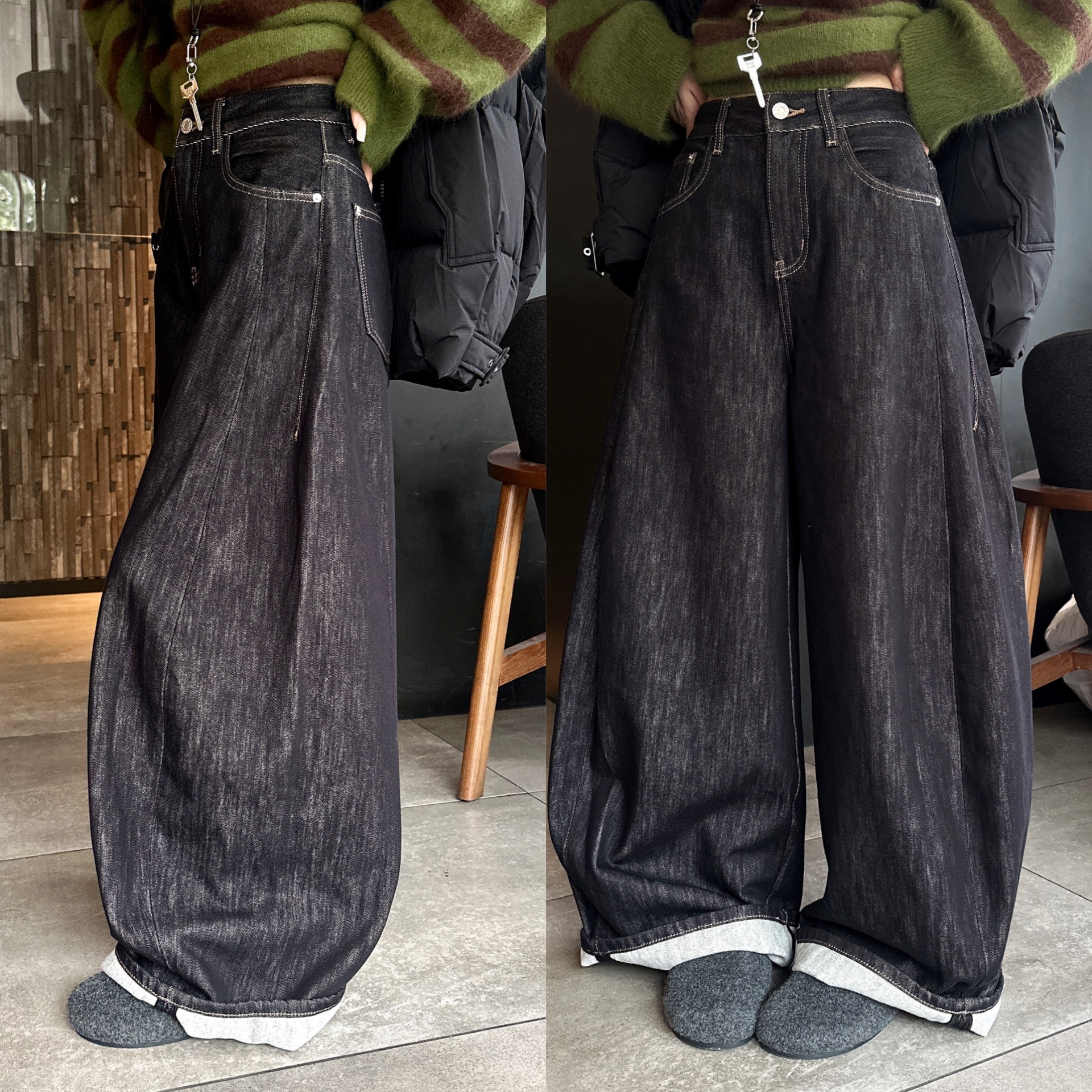 加厚拉绒百搭牛仔长裤女