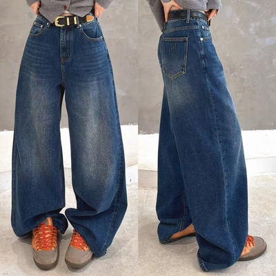 欧洲站2025冬季时尚后口袋字母水洗深蓝色加厚加绒阔腿裤牛仔长裤
