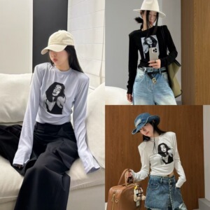 欧洲站2025春季洋气时髦欧美风人物印花垫肩长袖短款打底衫T恤潮
