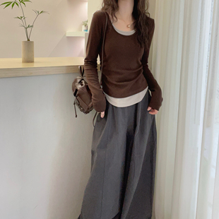 低圆领拼色假两件弹力显瘦棉质打底衫 时尚 T恤 韩版 欧洲站2025秋季