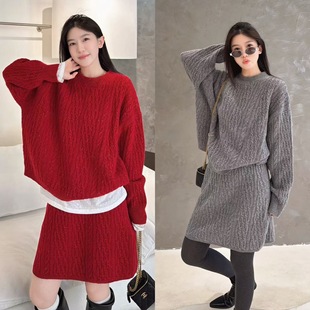 欧洲站2025冬季 裙 甜美韩系风重工金丝亮线麻花羊毛两件套短裙套装