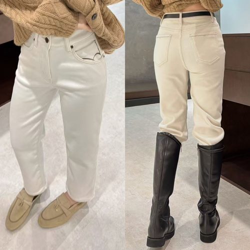 欧洲站2025冬季韩版简约一粒扣口袋波浪花纹直筒米色九分牛仔裤潮