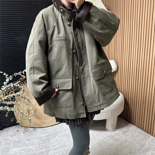 欧洲站2025冬季 灯芯绒拼接大口袋内里羽绒派克服外套 立领扣袢卷袖