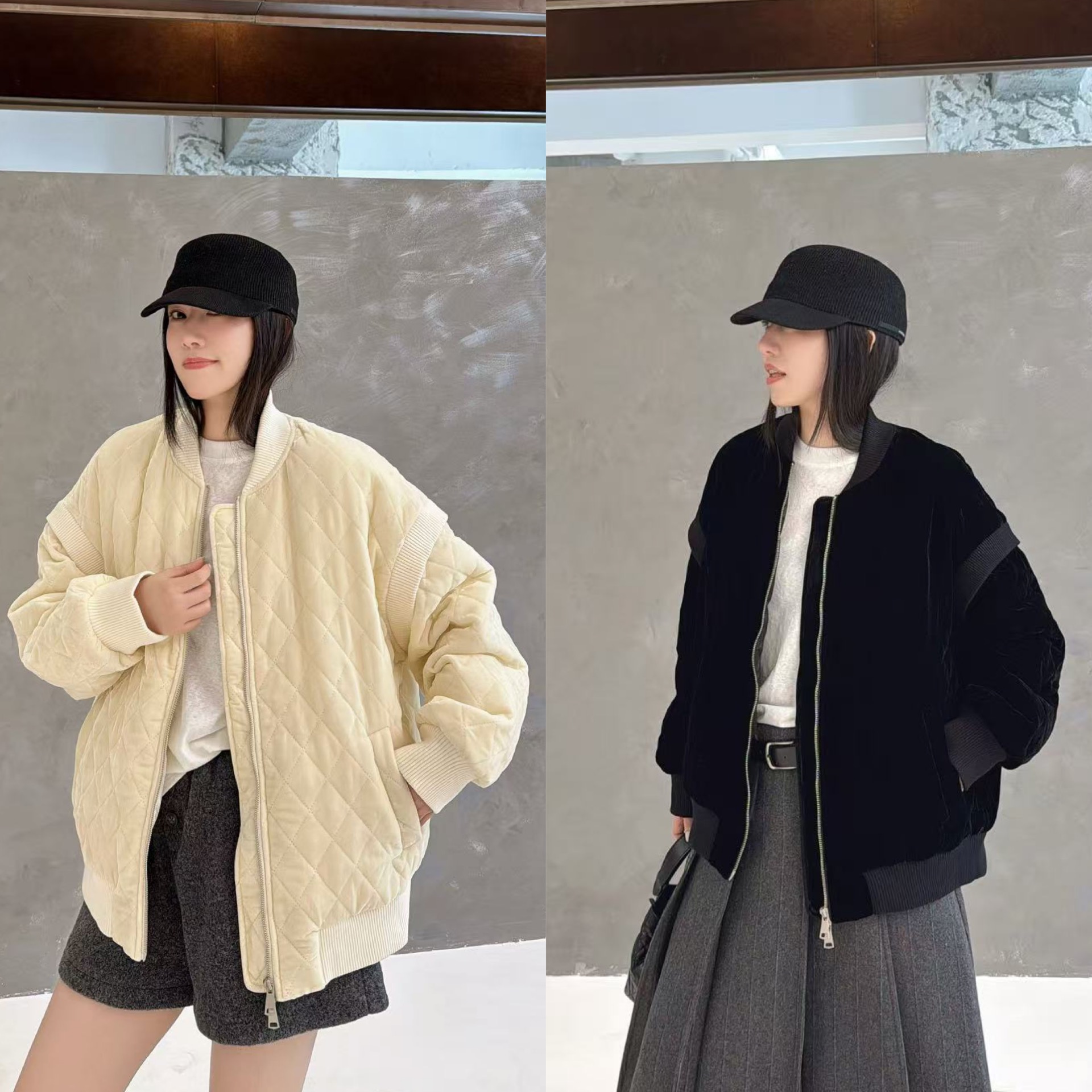 欧洲站2025冬季时尚棒球领落肩拼接假两件菱格压线丝绒羽绒服外套