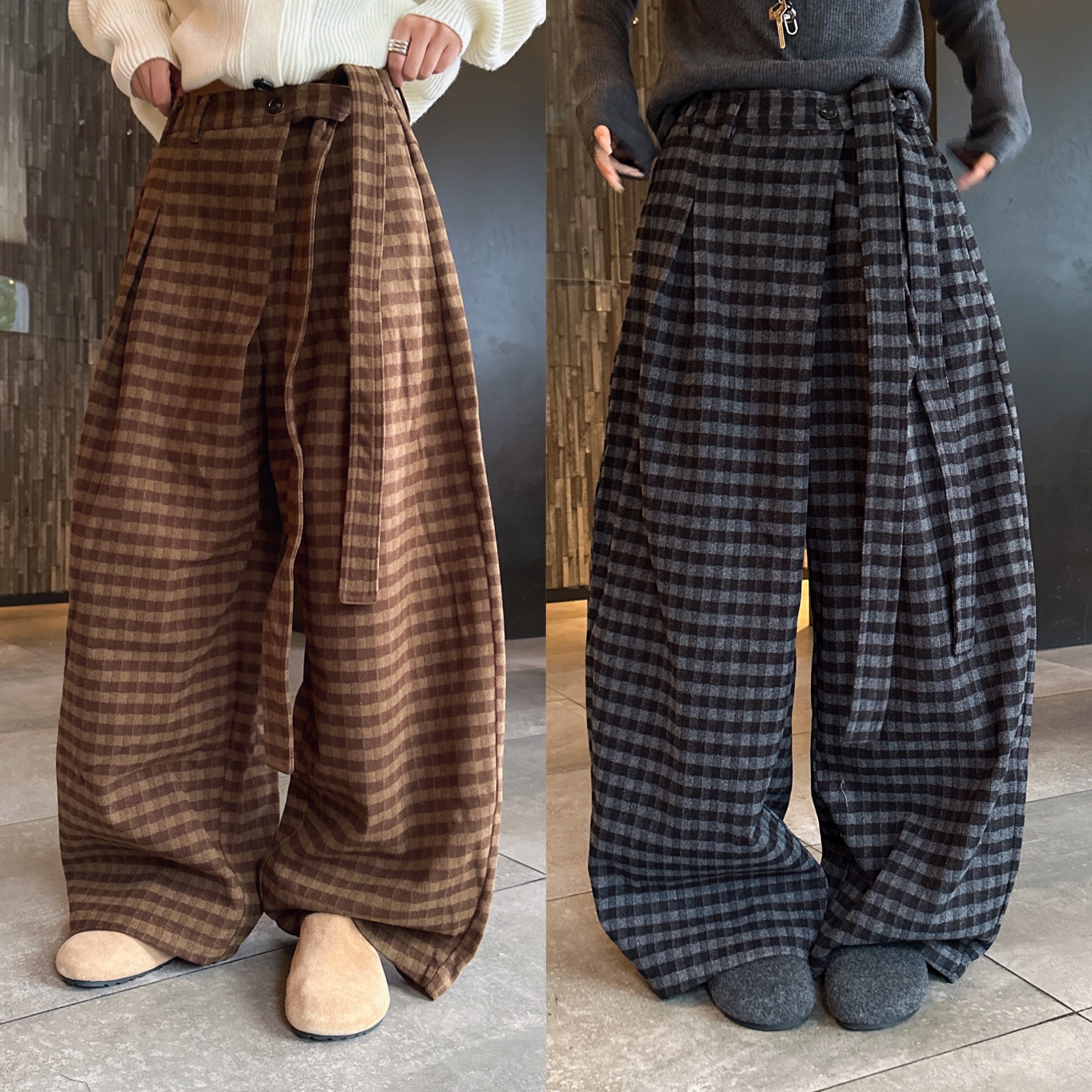 阔腿裤加厚羊毛呢格子长裤女
