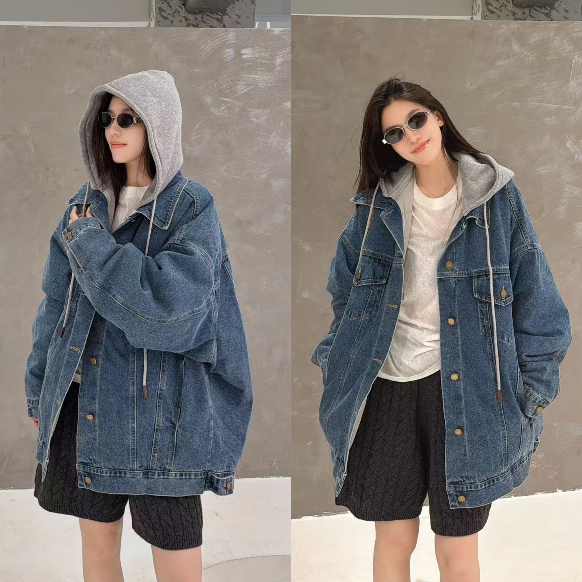 欧洲站2025冬季欧货连帽落肩袖内里羽绒A字版一手长牛仔休闲外套