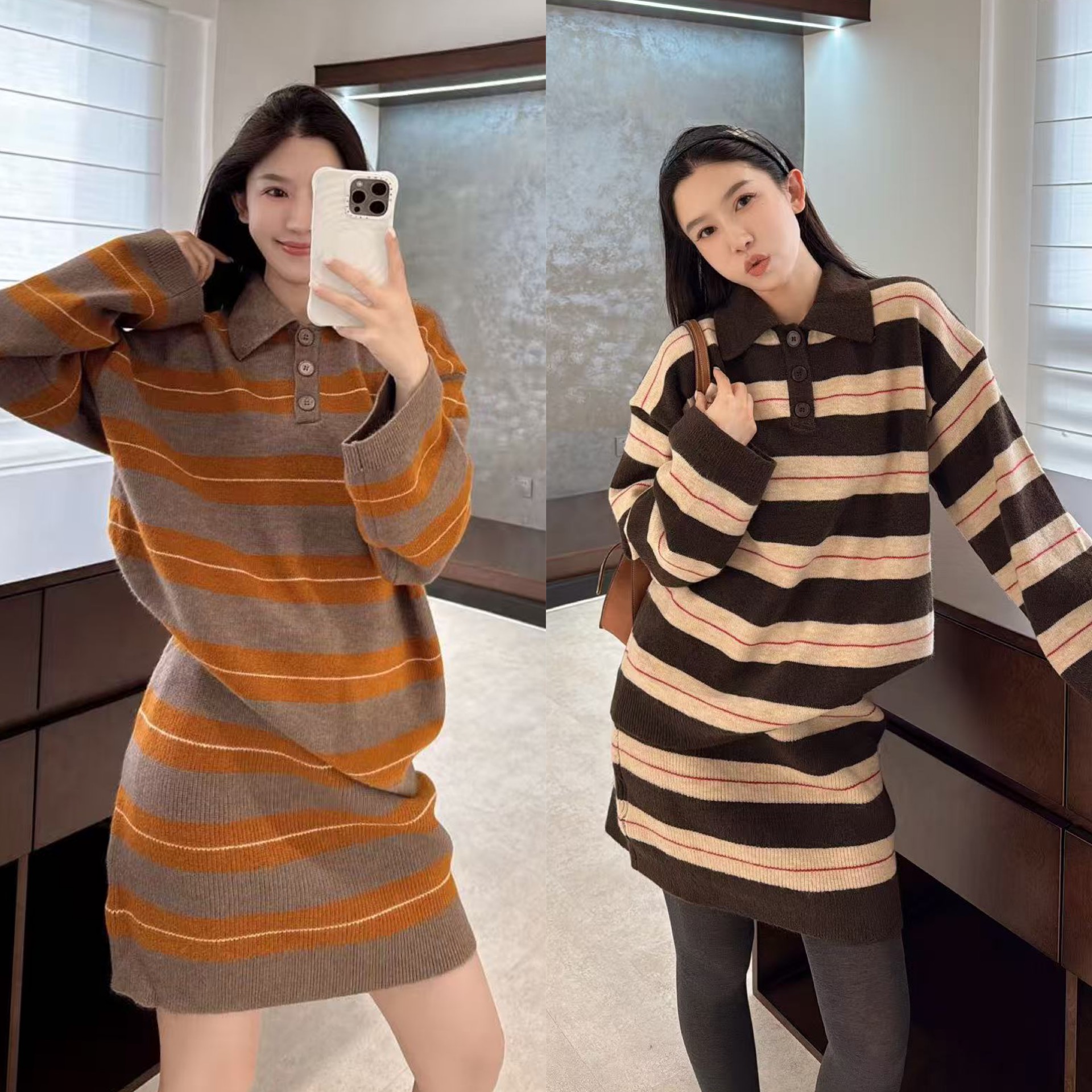 欧洲站2025冬季气质翻领纽扣落肩条纹套头毛衣A字版短裙羊毛套装