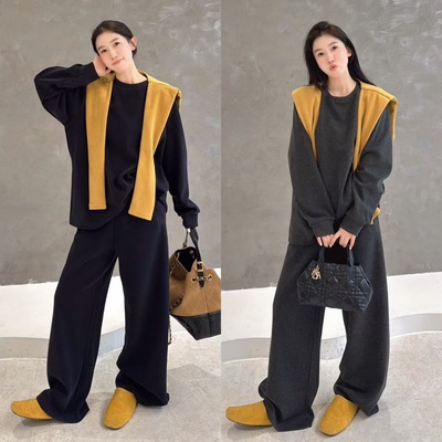 欧洲站2025秋季新款圆领宽松长袖上衣直筒长裤配披肩欧货休闲套装