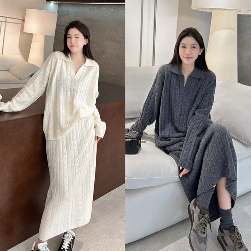 欧洲站2025秋冬新款法式温柔浪漫风POLO剪刀领麻花纹理羊毛套装裙