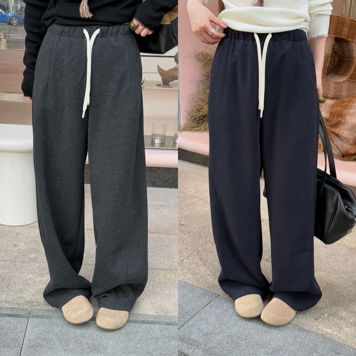 欧洲站2025秋冬新款松紧腰抽绳口袋明线设计直筒侧压线慵懒休闲裤